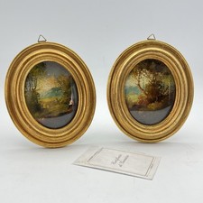 Coppia quadretti antichi miniature ovali dipinti paesaggio cornici legno dorato