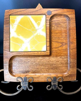 VTG MCM Nasco Cheese Crackers Serving Tray Retro Boho Wood Yellow Tile 8.25''
