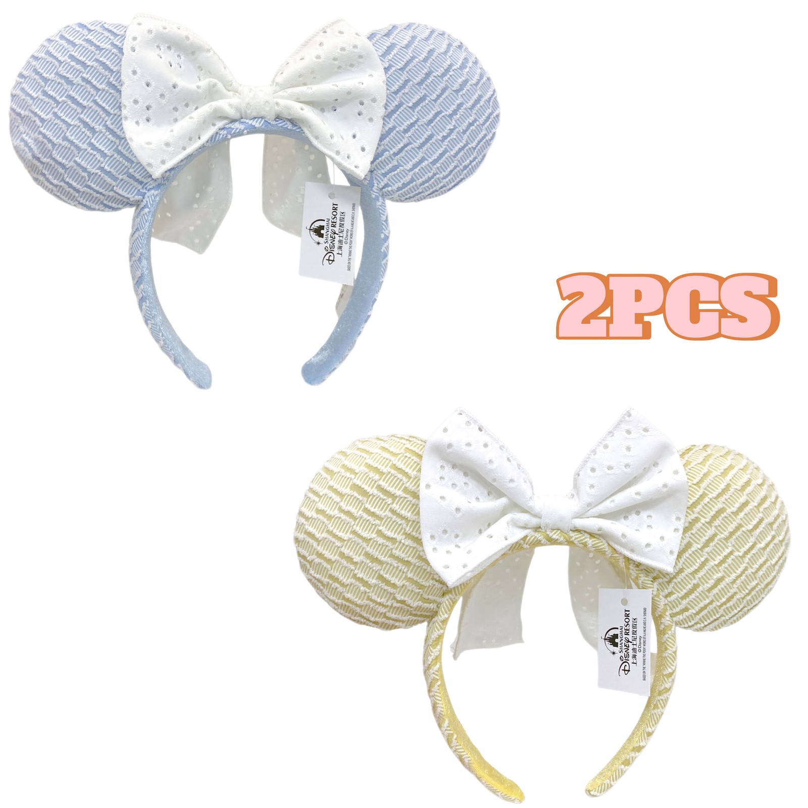 Japan Tokyo Disney~ Parks Minnie Mouse Blue +Yellow Ears White Lace Bow Ears 2PC