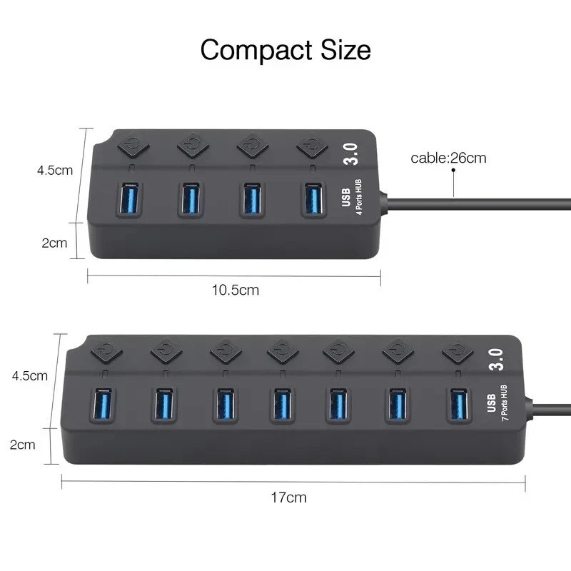 4 Port USB 3.0 2.0 Hub USB Splitter Adapter  Multi-Port Independent Power Switch