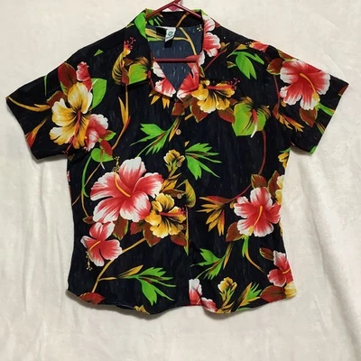 Ten 2 One Hemd Damen XL schwarz Blumen Knopfleiste Kurzarm Ten2One Hawaii - Bild 1 von 4