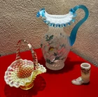 FABULOUS FENTON! French Opal SPIRAL OPTIC Pitcher Aqua Crest Hand-Painted SIGNED