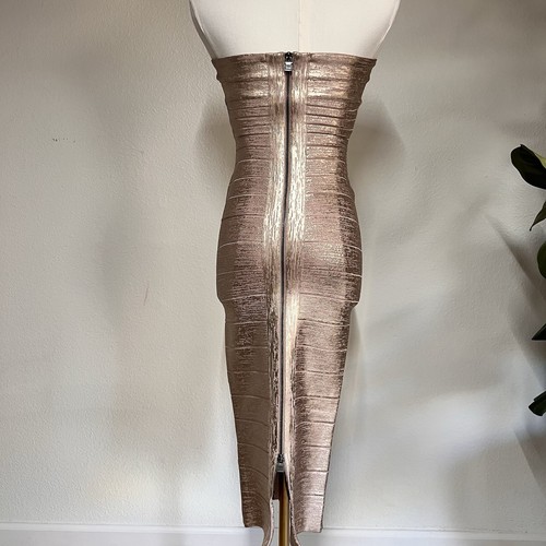 Herve Leger (S) Bandage Mini Dress Rose Gold Foil Metallic Strapless Bodycon - Picture 4 of 14
