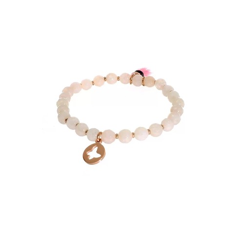 Stainless Steel Polished Rose IP Butterfly Pink Agate Beaded Stretch Bracelet - Video 1 of 1
