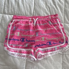 Champion Girls Athletic Shorts Pink Logo Print Drawstring Elastic Waist 14/16