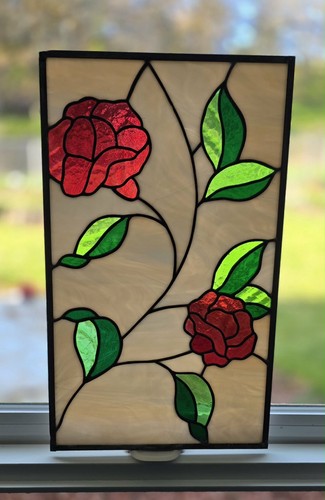 Stained Glass Red Rose Suncatcher Window Art Decor 17.5x10.5" Vintage