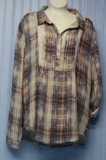 American Rag orange & gray plaid ltwt pullover top w/pleats & lace trim M NWT