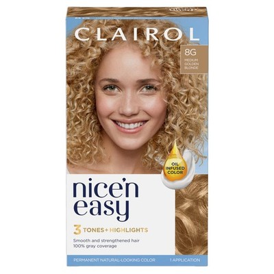 Nice'n Easy Permanent Hair Dye, 8G Medium Golden Blonde Hair Color, Pack