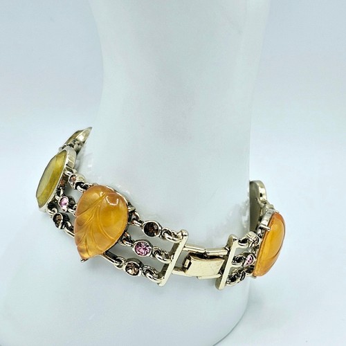 Bracciale Vintage Estate Vetro Strass Tono Ambra Foglia Irredescente Cabochon - Foto 4 di 8