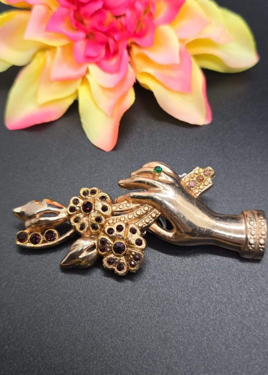 Vintage 1940s Hand With Flowers Brooch Pot Metal,… - image 1