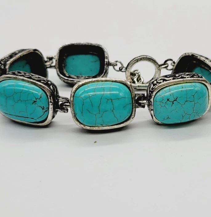 Faux Turquoise Rectangle Silver Tone Bracelet 7.5 in Boho Chunky Hippy - Image 3 of 4