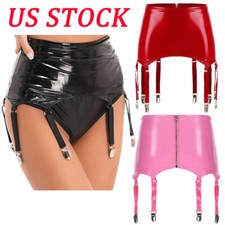 Womens Wet Look Leather Garter Belts High Waist Suspender Belt Metal Clips