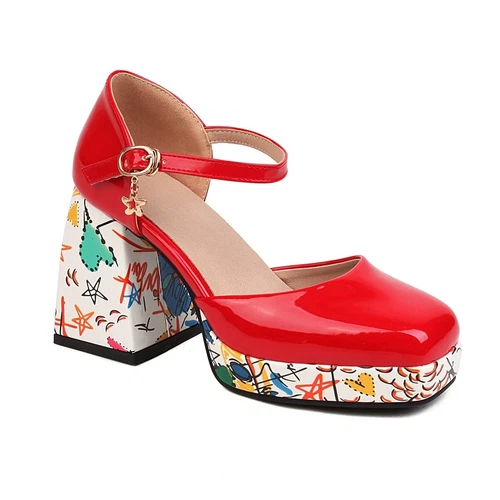 Sandali donna tacco a blocco scarpe stampa plateau punta quadrata moda coreana - Foto 22 di 23