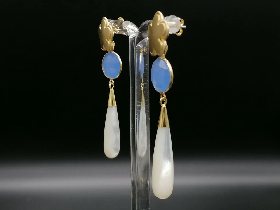 orecchini donna goccia pendenti madreperla agata argento 925 bagno oro giallo - Immagine 2 di 4