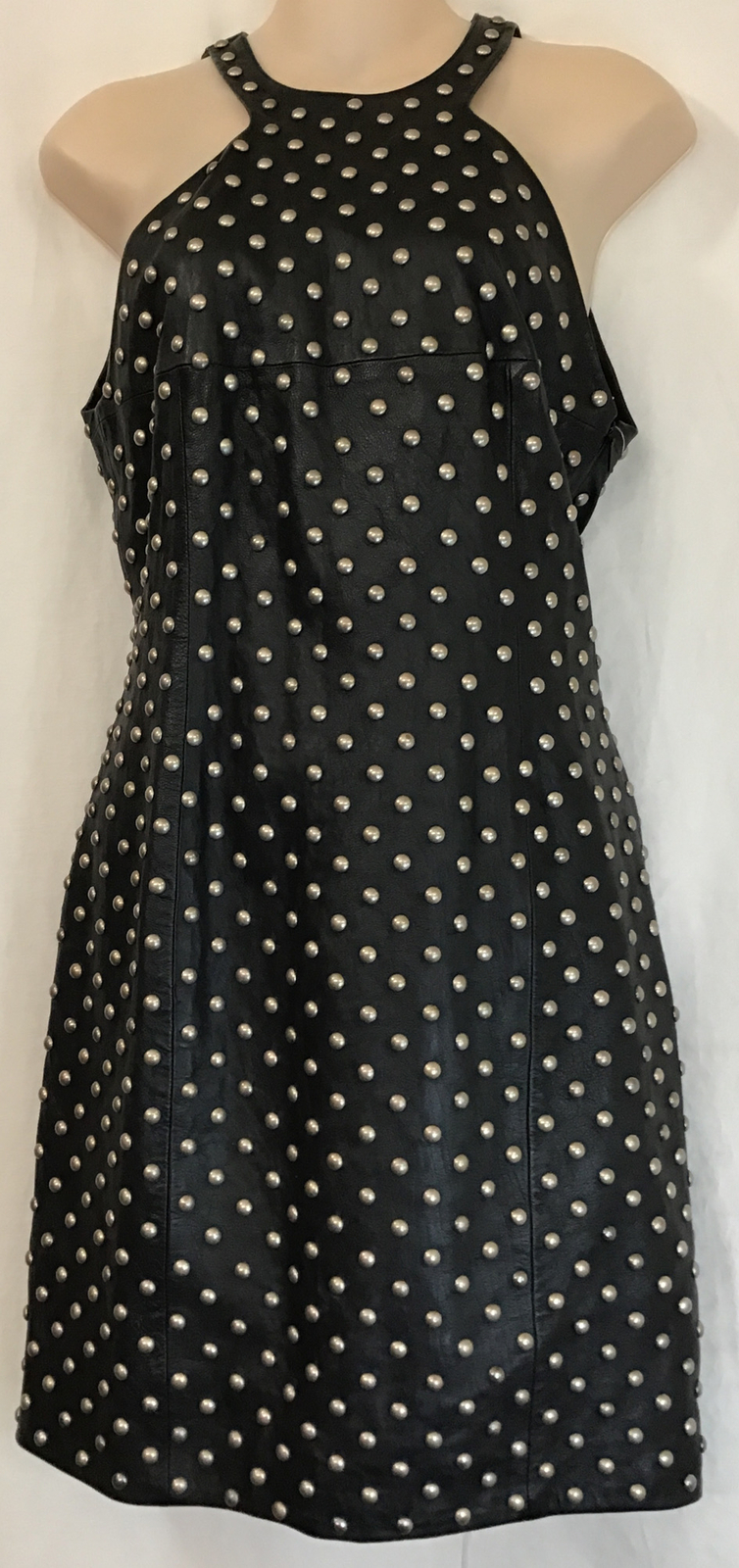 Abito Saint Laurent pelle nero senza maniche borchie argento girocollo nuovo taglia XS