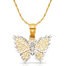 14K 2 Tone Gold Monarch Butterfly Charm Pendant & 0.9mm Singapore Chain Necklace