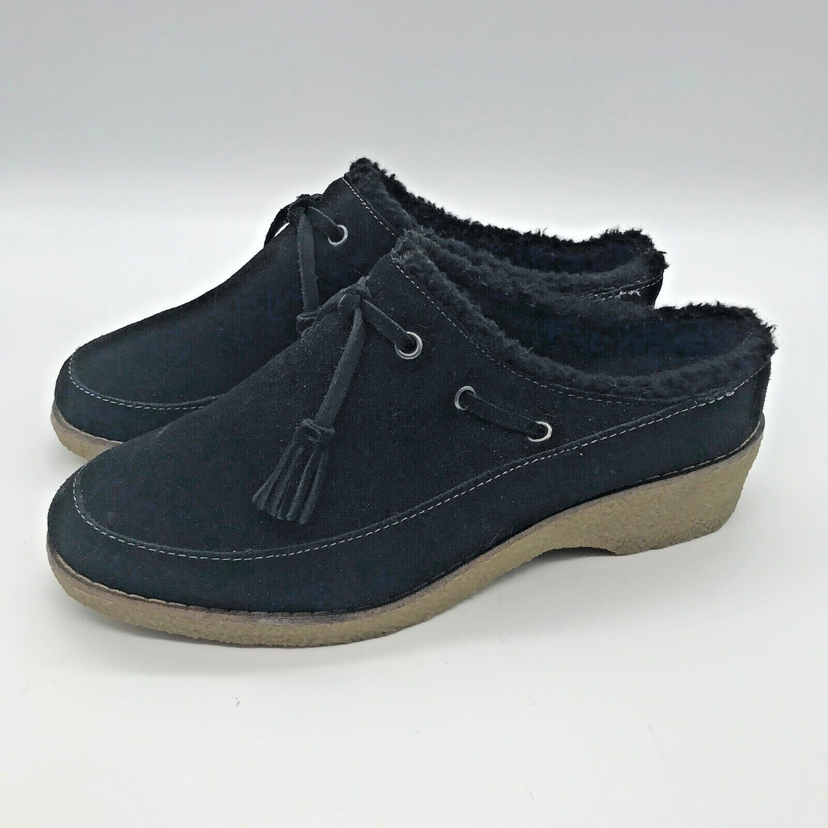 Lands' End Black Suede Faux Fur Lined Clogs Women Tasseled