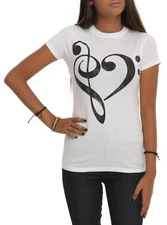 Hot Topic Black Matter Juniors Music Clef Notes Heart White Tee Shirt New S-3XL