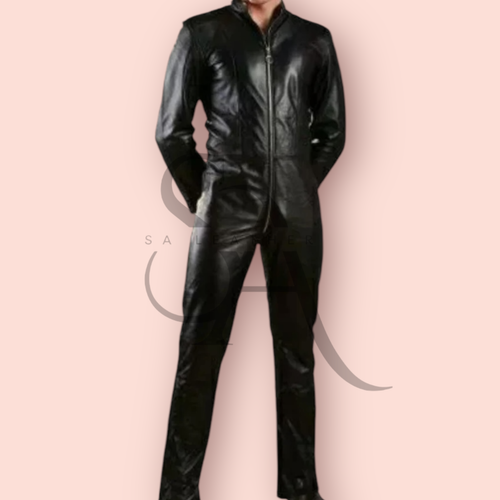 Men's Black Full Zipper Leather Jumpsuit Genuine Lambskin Leather Jumpsuit