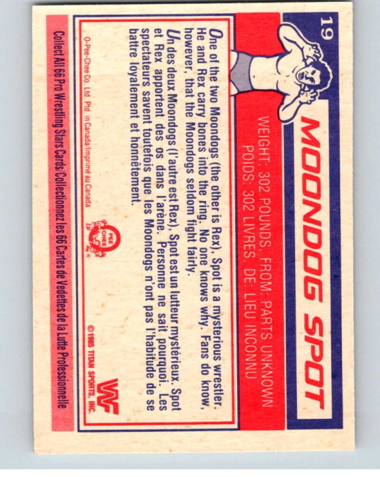 1985 O-Pee-Chee WWF #19 Moondog Spot  V65712 - Image 2 of 2