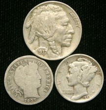 Old US Coin Estate Lot Barber Dime Buffalo Nickel Mercury Dime 3 Coin Set