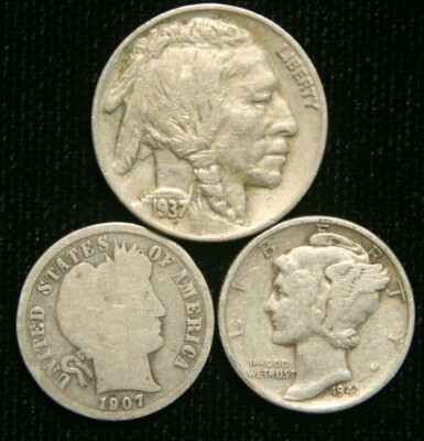 #ad Old US Coin Estate Lot Barber Dime Buffalo Nickel Mercury Dime 3 Coin Set $14.95