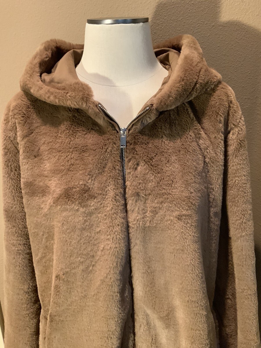 Zara US XL Brown Hooded Lux Faux Fur Zip Front Teddy Bear