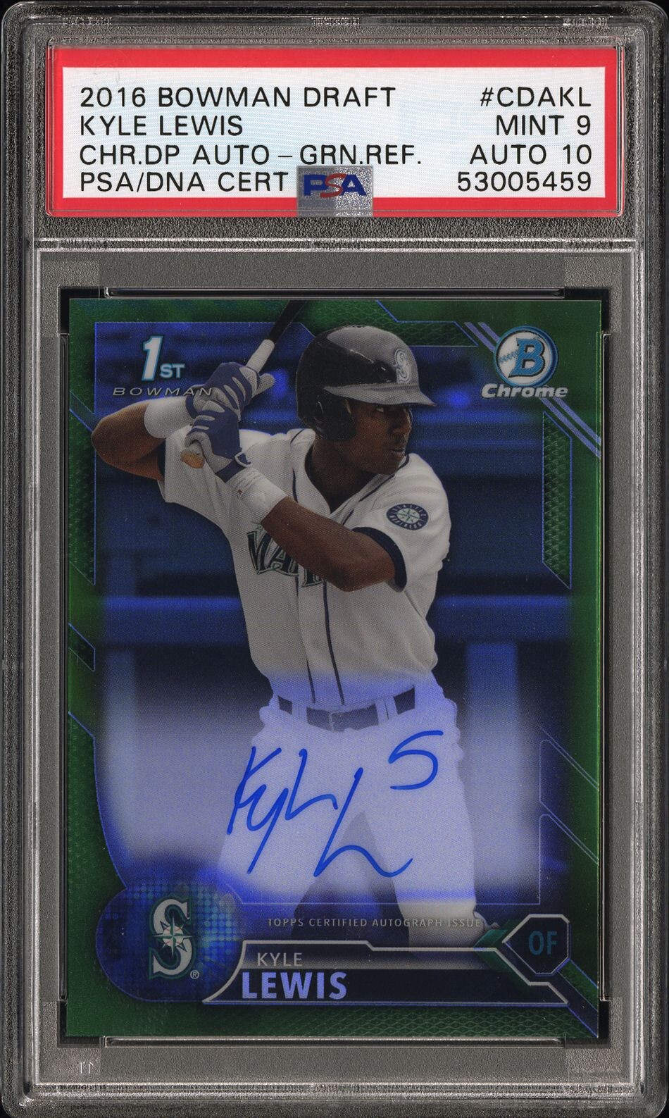 Kyle Lewis - 2016 Bowman Chrome Draft AUTO Green Refractor 13/99 PSA 9 DNA 10