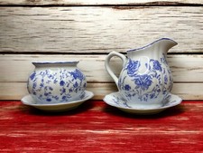 🫖 Ensemble Pichet A Lait Et Bol À Sucre En Porcelaine Blanc Décor Floral Bleu.
