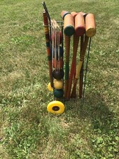 Vintage WOOD CROQUET SET w CADDY metal carrier stand rack rolling lawn game 60s