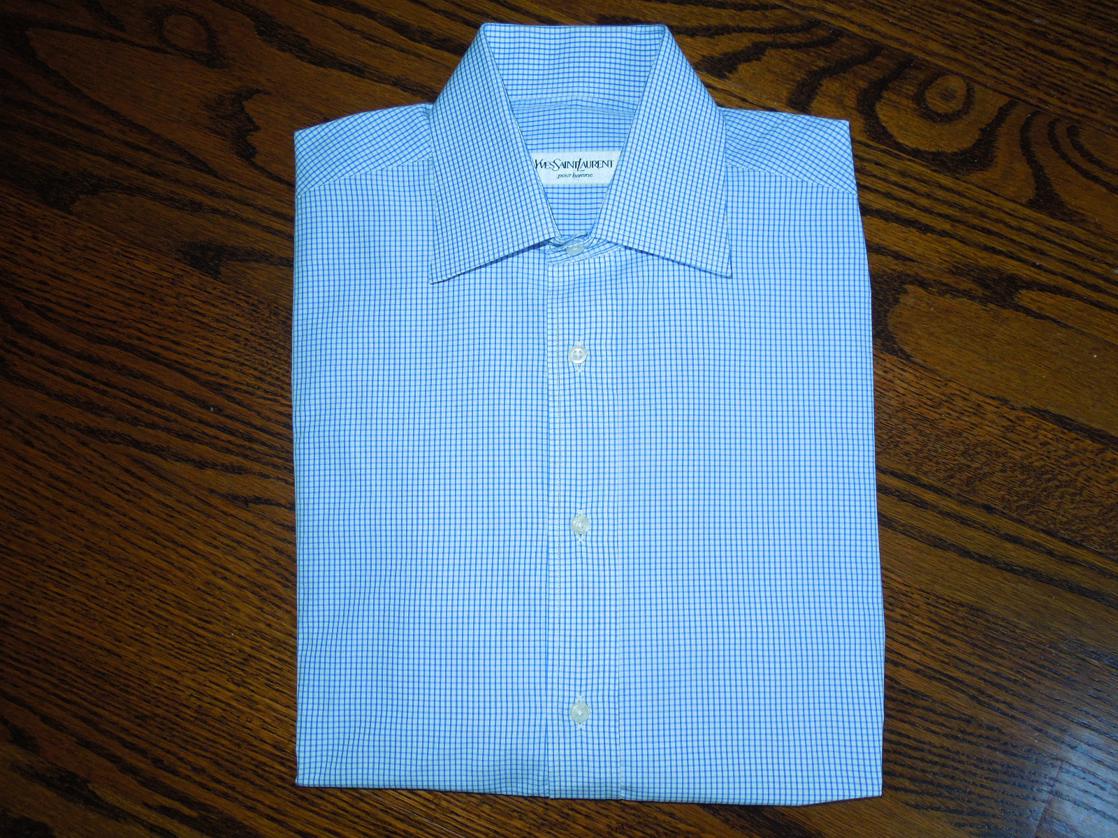 YVES SAINT LAURENT Men's White & Blue Check Pattern Long Sleeve Casual Shirt M