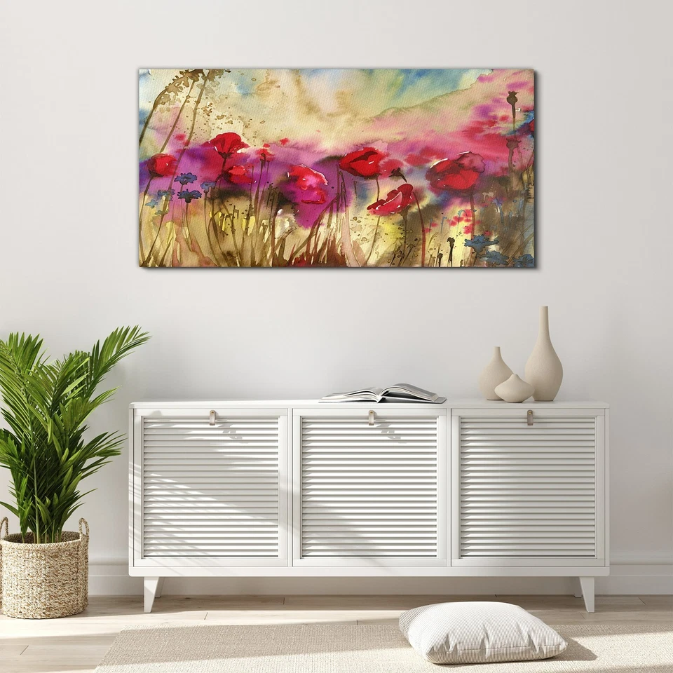 Wandbilder Glasbild Druck auf Glas 120x60 Aquarellbilder Mohnblumen Kornblumen - Bild 3 von 4