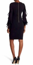 CALVIN KLEIN RUFFLE CHIFFON LONG SLEEVES SHEATH DRESS, BLACK, SIZE 6 NWT