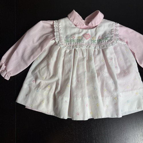 Vintage 80s Baby Girl 24M Pink White Embroidered Pinafore Dress Set 1980s