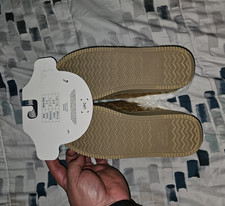 True Religion Women  s Moccasin Slippers Faux Fur Lined Logo Brown/White 8.5