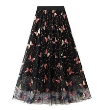 Sequin Butterfly Tulle Mesh Black Midi Skirt Sz S 4 A-line Whimsigoth Fairy