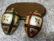 Hand Painted Glass Egg Ornaments Red Green Gold Glitter Holiday Set of 2 4