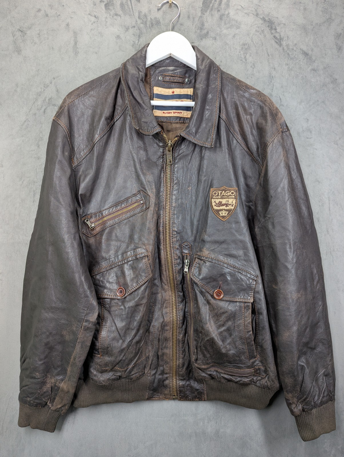 Otago Rugby Leather Flying Aviator Jacket XL Soft Distressed Vintage Condition