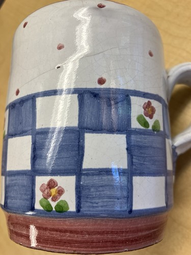 Vintage MM Portugal Hand-Painted Folk Art Red Ware Mug, Artist Signed, Checkered