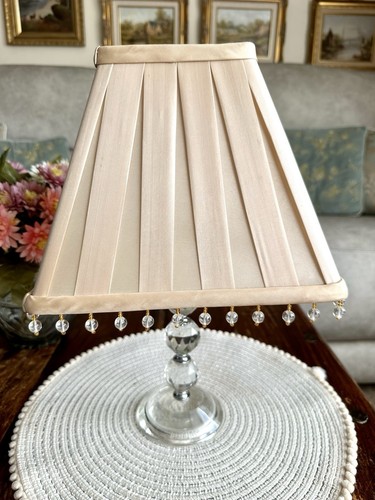 Vintage Champagne Gold Fabric Table Lampshade Pleated Square Shape Beaded Edge - Picture 8 of 17