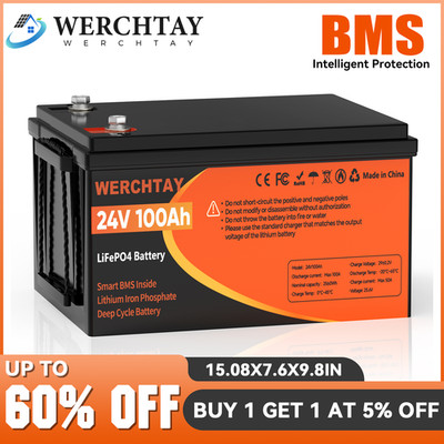 24V 100Ah LiFePO4 Lithium Battery  Deep Cycle 100A BMS For RVs Solar Off-grid