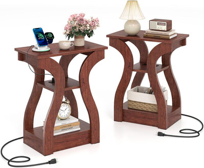 Set of 2 Vintage Narrow End Tables with USB Ports & Open Storage, Cherry