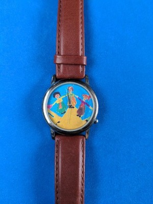 Classico Silver Tone Women Watch Children Play Dial Brown Band New Battery 