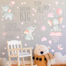 7 Pcs Dream Big Little One Elephant Nursery Wall Stickers Wall Decor Baby Room M