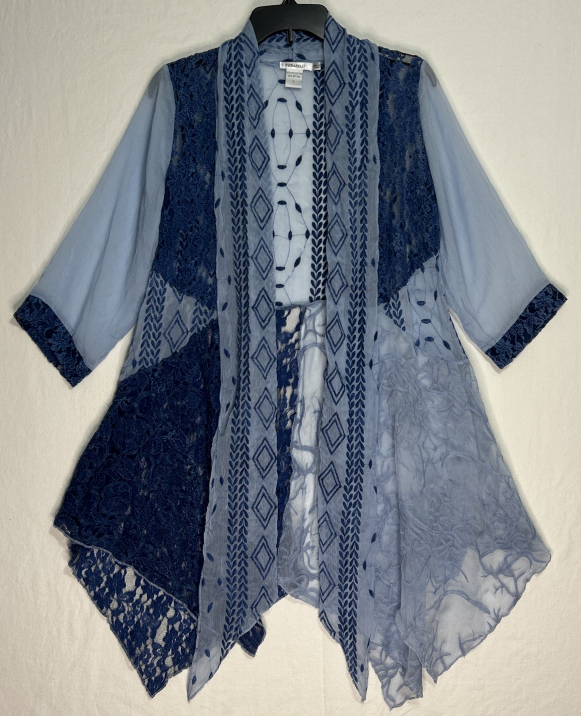 Women’s Blue Handkerchief Lace Sheer Kimono Beach Cover-Up Duster Large *Read*