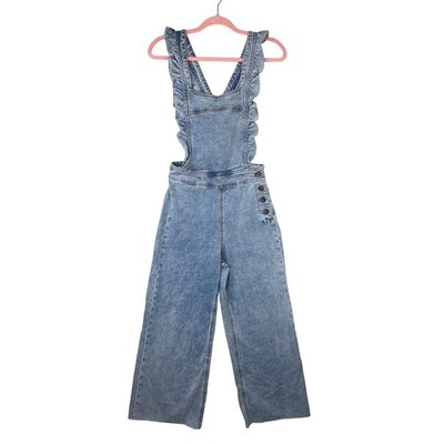 Dear John Denim Ruffle Strap Wide Leg Overalls Light Wash Blue XS Jumpsuit