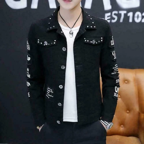 Mens Ripped Denim Slim Jacket Casual College Korean 4 Colors Cotton Coat