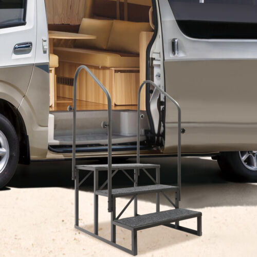 3-Step 204kg/450lbs Camper Stairs Steps RV Steps Porch Stairs Steps w/Handrail