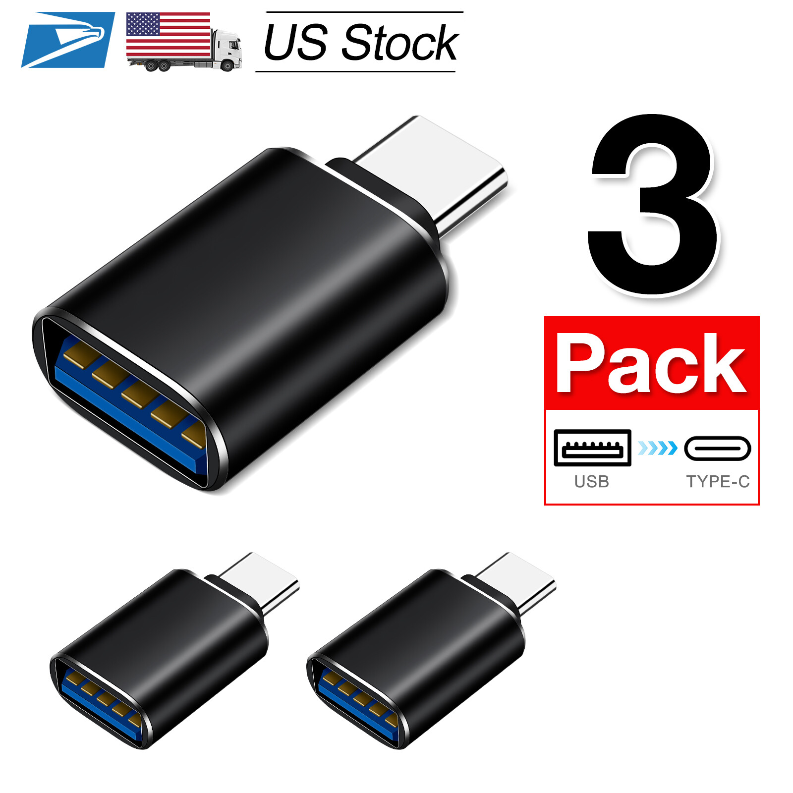 3-Pack USB-C to USB 3.0 Adapter Male to Female Converter Universal