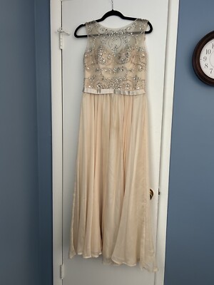 Junior's 3-4 Pale Yellow Beaded Illusion Neckline long chiffon formal prom  dress | eBay